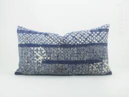 Vintage Hmong Batik Pillow Cover, Indigo Blue Rustic Throw Cushion - 24x13 - thumbnail 1