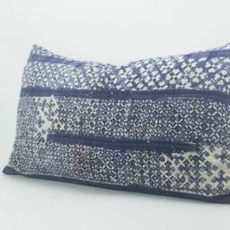 Vintage Hmong Batik Pillow Cover, Indigo Blue Rustic Throw Cushion - 24x13 - thumbnail 2