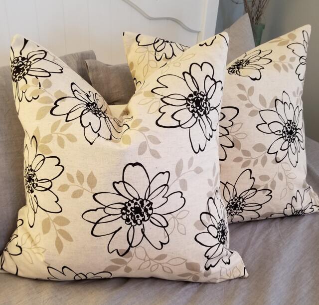 Floral Cotton Flax Pillow Cover Black, Natural, & Grey Accent - image 1