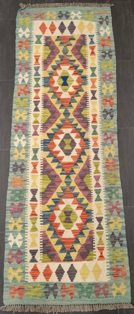 Colourful Runner Rug, Handmade Artisan Afghan Turkish Scandinavian Navajo Bohemian Wool Kilim Rug 197x69 cm - image 1