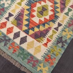 Colourful Runner Rug, Handmade Artisan Afghan Turkish Scandinavian Navajo Bohemian Wool Kilim Rug 197x69 cm - thumbnail 4