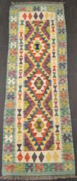 Colourful Runner Rug, Handmade Artisan Afghan Turkish Scandinavian Navajo Bohemian Wool Kilim Rug 197x69 cm - thumbnail 1