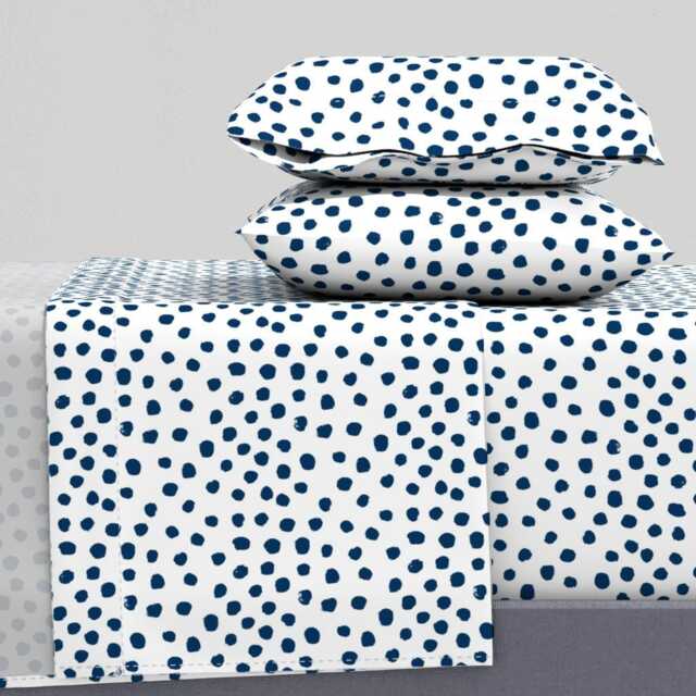Polka Dot Sheets - Navy Dots Painted Spots By Charlottewinter Blue Abstract Cotton Sateen Sheet Set Bedding Spoonflower - image 1