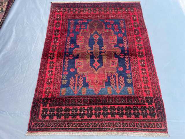 3x4 Vintage Afghan Tribal Rug - Hand-Knotted Wool Area Bold Magenta & Navy Blue Geometric Design Bohemian Accent Carpet Gift - image 1