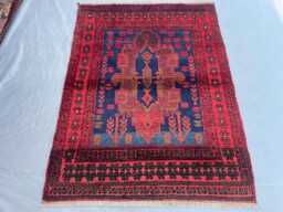 3x4 Vintage Afghan Tribal Rug - Hand-Knotted Wool Area Bold Magenta & Navy Blue Geometric Design Bohemian Accent Carpet Gift - thumbnail 1