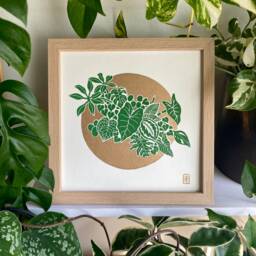 Plant Addiction #2 - Original Green & Gold Lino Art Print Hand Carved Plants - thumbnail 3