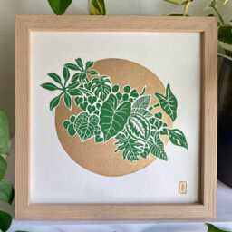 Plant Addiction #2 - Original Green & Gold Lino Art Print Hand Carved Plants - thumbnail 1