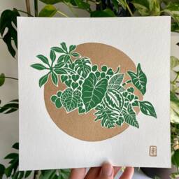 Plant Addiction #2 - Original Green & Gold Lino Art Print Hand Carved Plants - thumbnail 2