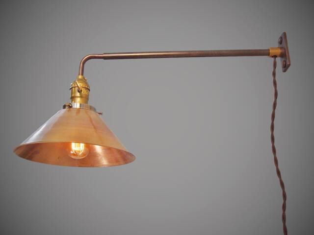 Industrial Lighting - Vintage Steel Wall Mount Light Brass Cone Shade Steampunk Lamp Sconce Pharmacy Apothecary Retro - image 1