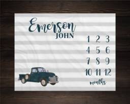 Old Country Truck Milestone Blanket Baby Growth Tracker Soft Fleece Shower Newborn Gift Watch Me Grow Gray Stripes