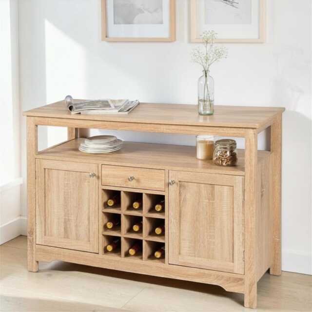 Rustic Farmhouse Buffet Cabinet 9-Bottle Wine Rack, Storage Drawer, Dual Cabinets - image 1