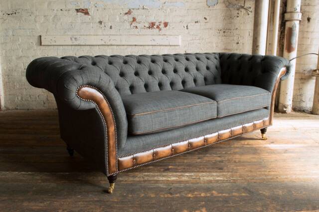 British Handmade 3 Seater Grey Wool & Antique Tan Leather Chesterfield Sofa - image 1