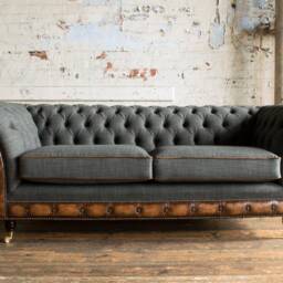 British Handmade 3 Seater Grey Wool & Antique Tan Leather Chesterfield Sofa - thumbnail 2
