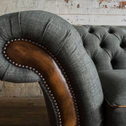 British Handmade 3 Seater Grey Wool & Antique Tan Leather Chesterfield Sofa - thumbnail 3