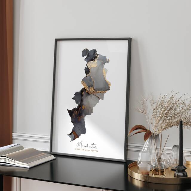 Manchester Map Black & Gold Wall Art Print- Greater - England United Kingdom Great Britain - image 1