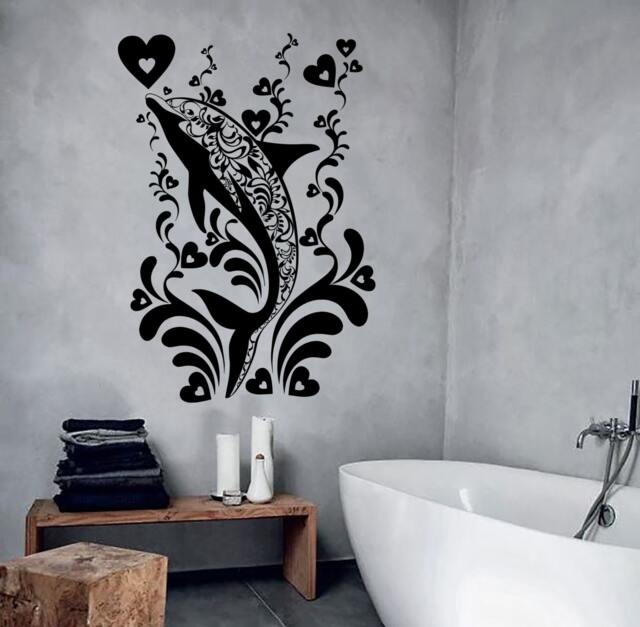 Wall Vinyl Decal Bathroom Decor Dolphin Ornament With Hearts & Water Splashes Modern Romantic Art - #1060Dz - image 1