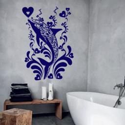 Wall Vinyl Decal Bathroom Decor Dolphin Ornament With Hearts & Water Splashes Modern Romantic Art - #1060Dz - thumbnail 2