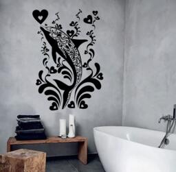 Wall Vinyl Decal Bathroom Decor Dolphin Ornament With Hearts & Water Splashes Modern Romantic Art - #1060Dz - thumbnail 1