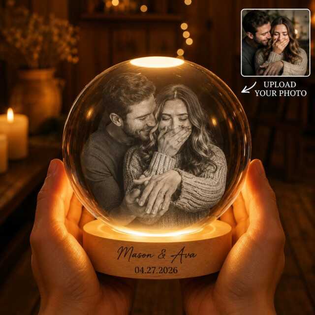 Custom Photo Engagement Crystal Ball Night Light, Personalized Couples Anniversary Gift, Groom Bride To Be Keepsake, Wedding Photo Lamp - image 1