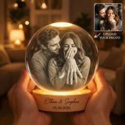 Custom Photo Engagement Crystal Ball Night Light, Personalized Couples Anniversary Gift, Groom Bride To Be Keepsake, Wedding Photo Lamp - thumbnail 3