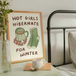Hot Girls Hibernate For Winter Wall Print - Cosy Autumn Aesthetic Chocolate, Fluffy Socks Gift Ideas Trendy Home Decor - thumbnail 3