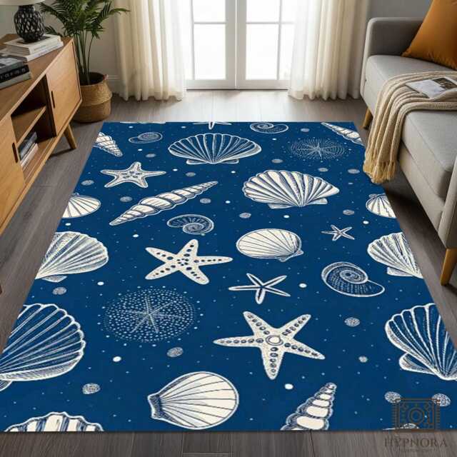 Navy Blue Seashell Area Rug Coastal Starfish Ocean Nautical Seaside Mat - image 1