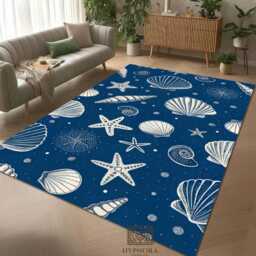 Navy Blue Seashell Area Rug Coastal Starfish Ocean Nautical Seaside Mat - thumbnail 2