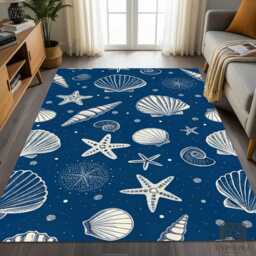 Navy Blue Seashell Area Rug Coastal Starfish Ocean Nautical Seaside Mat