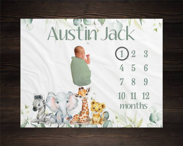 Safari Milestone Blanket Monthly Growth Tracker Soft Fleece Giraffe Elephant Baby Shower Gift Newborn Watch Me Grow Boy - image 1
