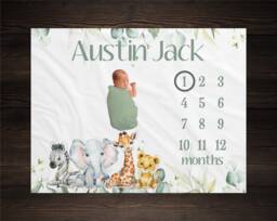 Safari Milestone Blanket Monthly Growth Tracker Soft Fleece Giraffe Elephant Baby Shower Gift Newborn Watch Me Grow Boy