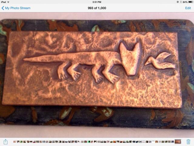 Lion & Bird Petroglyph Copper Wall Hanging - image 1