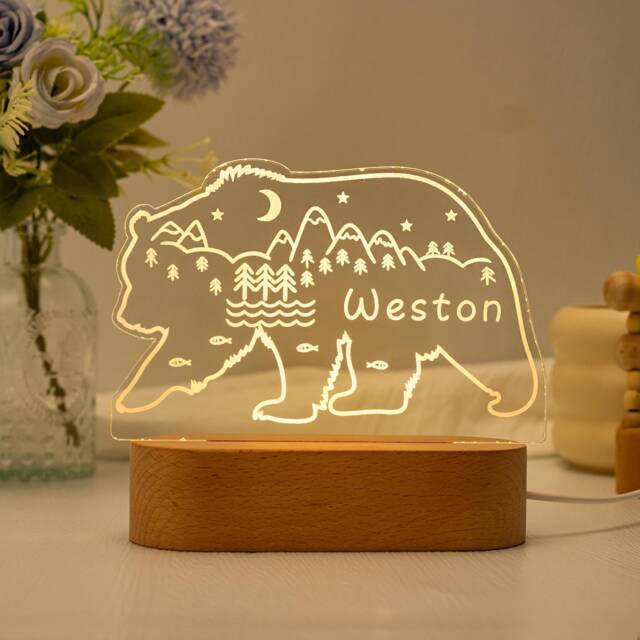 Personalized Mountain Bear Night Light, Teen Light, Birthday Child Gift, Acrylic Light, Night Light Wood Custom Name, Nursery - image 1