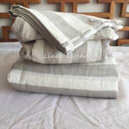 Set Of 4 Stone Washed 100% Linen Bedding, Oatmeal & Off White Striped Duvet Cover Set, 2 Pillowcases Fitted Sheet - thumbnail 1