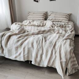 Set Of 4 Stone Washed 100% Linen Bedding, Oatmeal & Off White Striped Duvet Cover Set, 2 Pillowcases Fitted Sheet - thumbnail 2