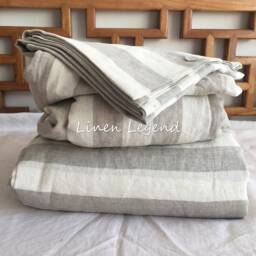 Set Of 4 Stone Washed 100% Linen Bedding, Oatmeal & Off White Striped Duvet Cover Set, 2 Pillowcases Fitted Sheet - thumbnail 3