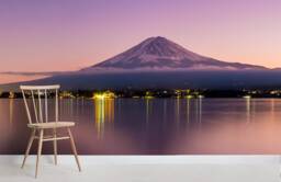 3D Mountain Lake Wallpaper Mural, Purple Wall Art, Peel & Stick