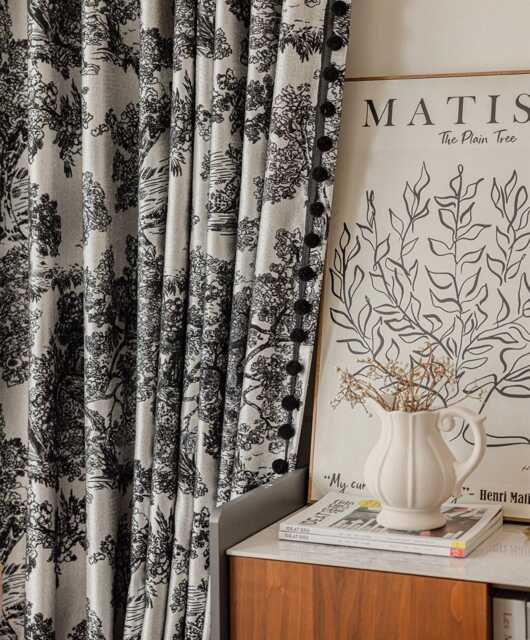 A Pair Of Floral Curtains With Pompom Trim, Chenille Curtain Panel Custom Trim, Living Room Bedroom Curtains, Custom Made, Divider - image 1