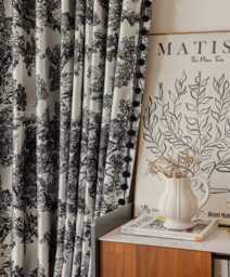 A Pair Of Floral Curtains With Pompom Trim, Chenille Curtain Panel Custom Trim, Living Room Bedroom Curtains, Custom Made, Divider - thumbnail 1