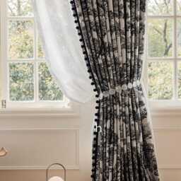 A Pair Of Floral Curtains With Pompom Trim, Chenille Curtain Panel Custom Trim, Living Room Bedroom Curtains, Custom Made, Divider - thumbnail 4