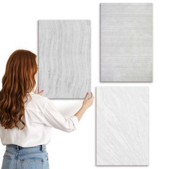 Canvas Set Of 3 - Bright String Structures Patterns in The Sand, Gray Wall Art, Natural Textures Decor - image 1