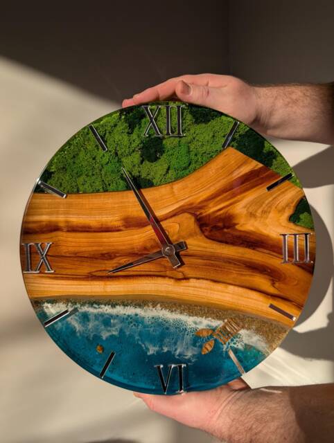 Ocean Resin Wall Clock Wood & Moss Art, Beach Decor - 14 Inch - image 1