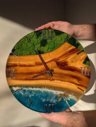 Ocean Resin Wall Clock Wood & Moss Art, Beach Decor - 14 Inch