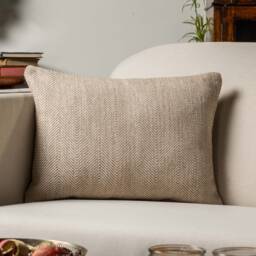 Faux Wool Linen Blend Herringbone Boudoir Cushion in Latte Brown. Traditional Linen-Mix Effect Fabric. 17x12