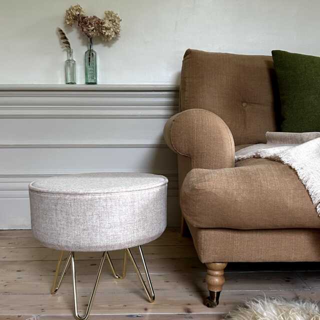 Harris Tweed Oatmeal Footstool With Steel Hairpin Legs - image 1