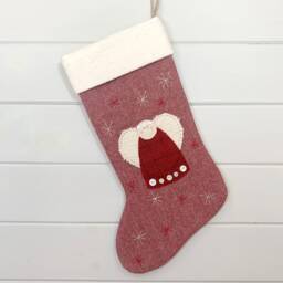 Personalized Christmas Angel Stocking Red Herringbone Wool, Vintage Buttons