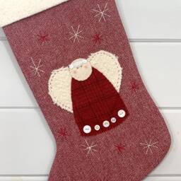 Personalized Christmas Angel Stocking Red Herringbone Wool, Vintage Buttons - thumbnail 2