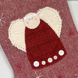 Personalized Christmas Angel Stocking Red Herringbone Wool, Vintage Buttons - thumbnail 3