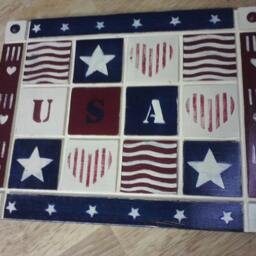 Usa Wall Hanging Wood Hand-Crafted Painted Red/White & Blue - thumbnail 2