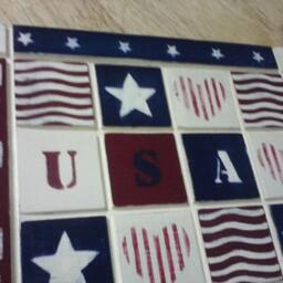 Usa Wall Hanging Wood Hand-Crafted Painted Red/White & Blue - thumbnail 3