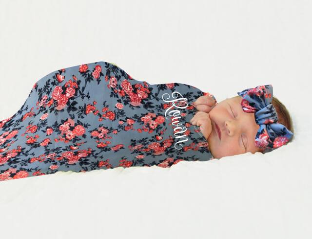Floral Swaddle Bag & Headband For Baby Girl Pink Gray - image 1